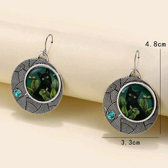 Silver Round Black Cat Pattern Dangling Earrings - Picture 5 of 7